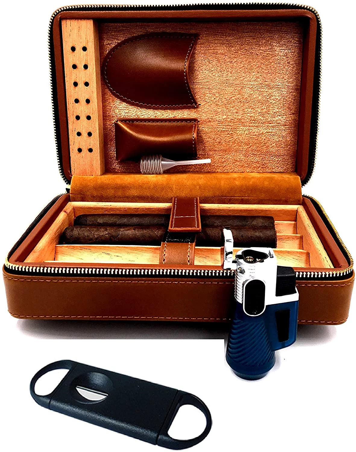 Products Travel 4 Cigar Humidor, Spanish Cedar Wood Cigar Case, Portable Cigar Box with Humidifier, Cigar Cutter, Gift Box Comes with Pouch