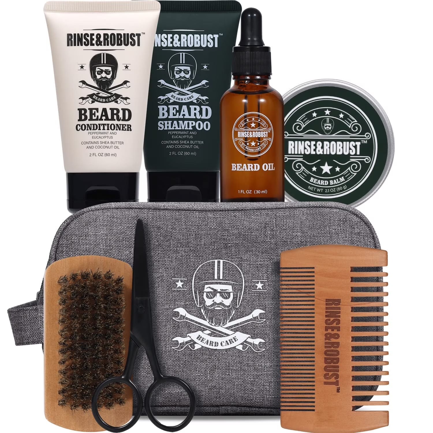 Beard Growth Kit for Men Beard Care Set 8Pcs with Traveling Bag Beard Grooming Wash & Beard Conditioner Kit