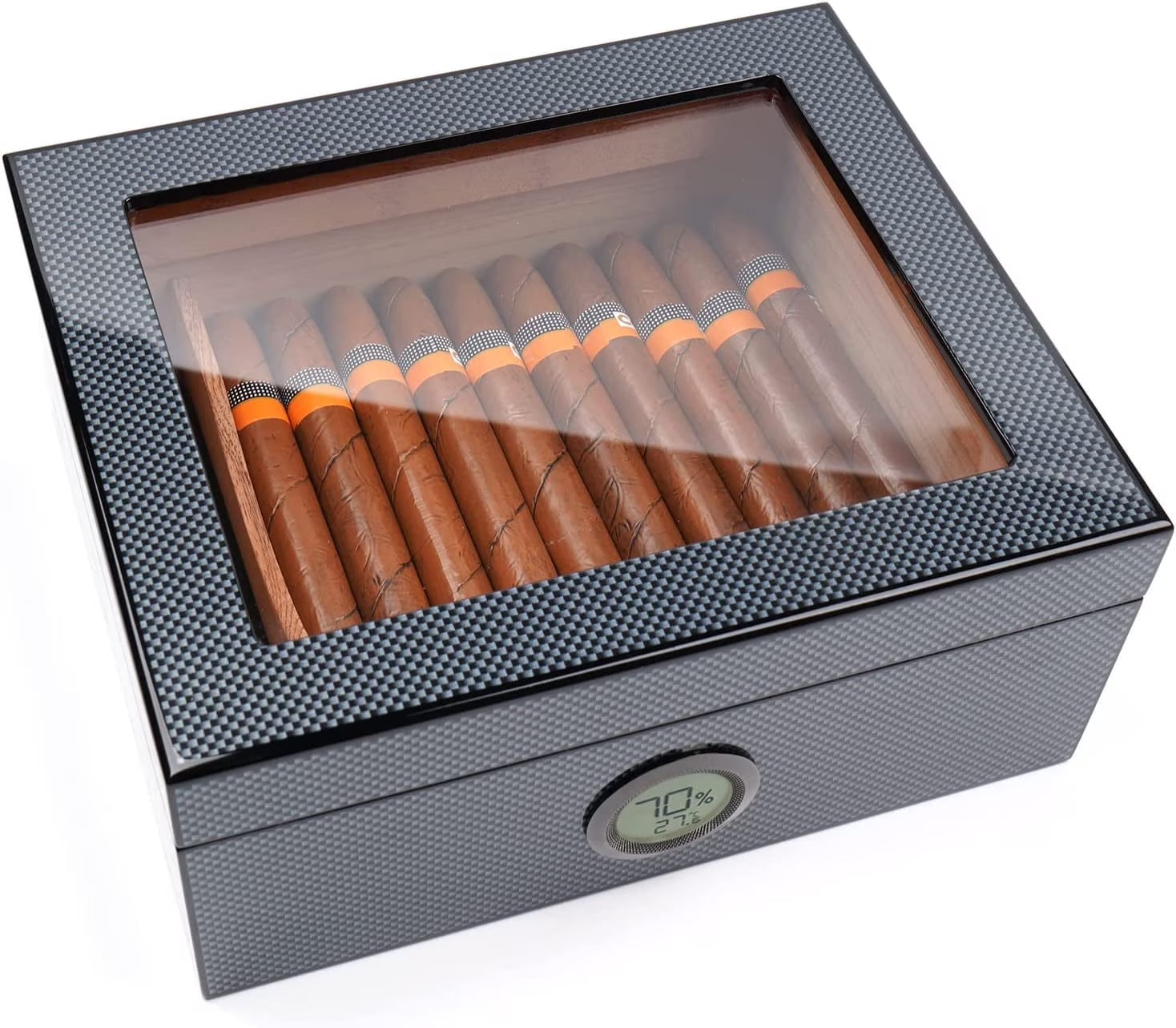 Cigar Humidor, Jesfuren Glass Top Cedar Cigar Box with Front Digital Hygrometer, Humidifier Gel & Divider, Desktop Humidor Case Hold 25-50 Cigars