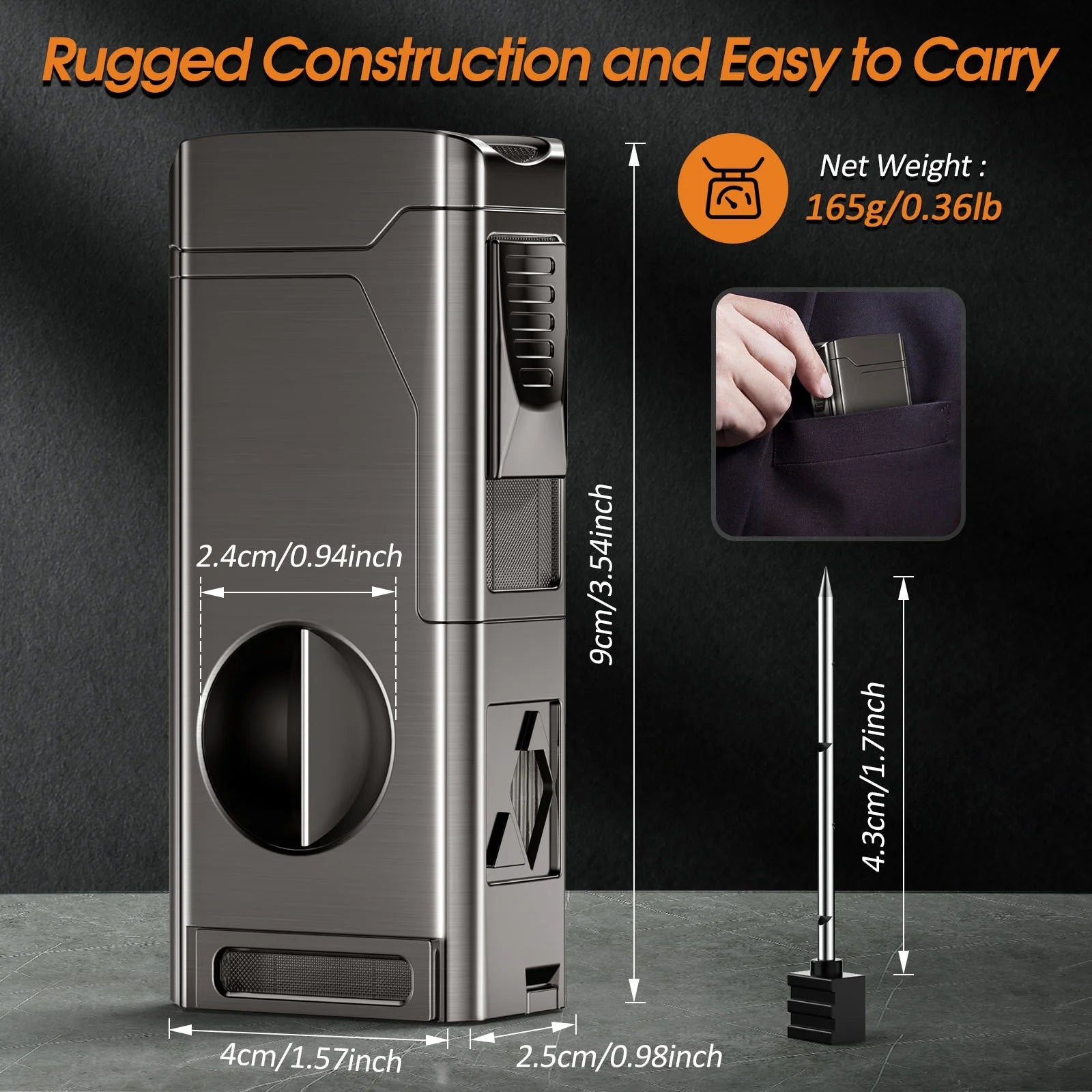 Torch Cigar Lighter, 4 Jet Flame Refillable Butane Lighter with V Cut Cigar Cutter,Cigar Punch,Cigar Holder and Cigar Draw Enhancer,5 in 1 Multifunctional Windproof Lighter(Butane Not Included)
