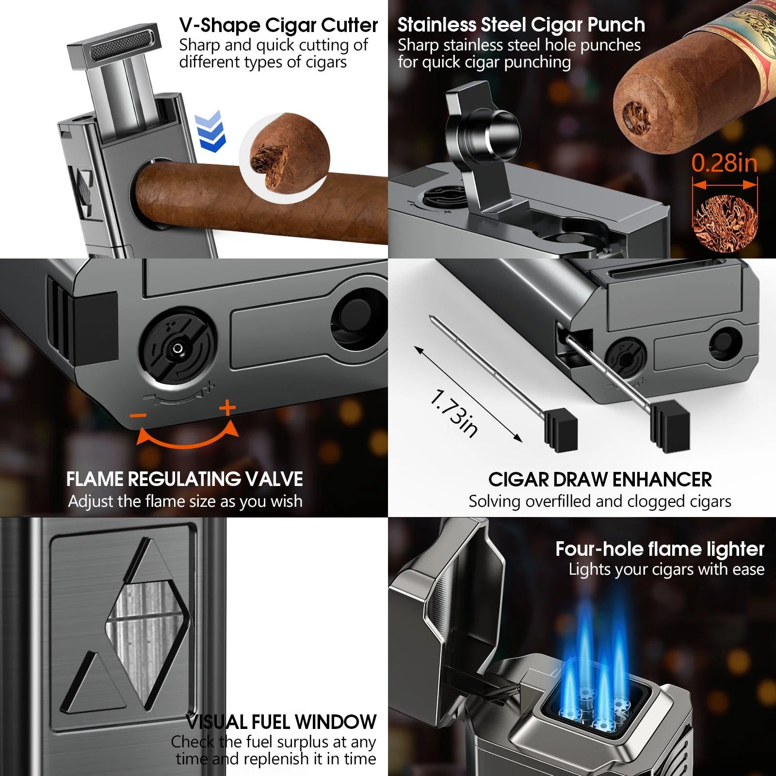 Torch Cigar Lighter, 4 Jet Flame Refillable Butane Lighter with V Cut Cigar Cutter,Cigar Punch,Cigar Holder and Cigar Draw Enhancer,5 in 1 Multifunctional Windproof Lighter(Butane Not Included)