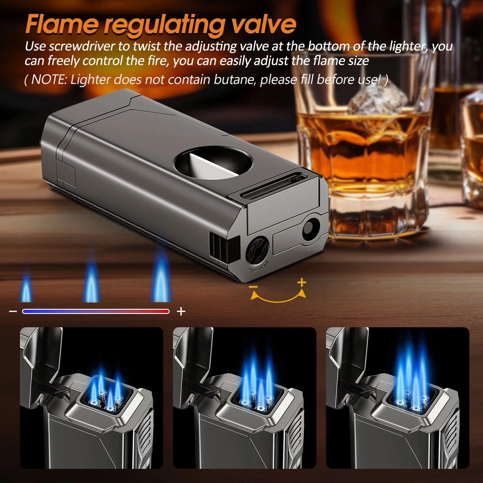 Torch Cigar Lighter, 4 Jet Flame Refillable Butane Lighter with V Cut Cigar Cutter,Cigar Punch,Cigar Holder and Cigar Draw Enhancer,5 in 1 Multifunctional Windproof Lighter(Butane Not Included)