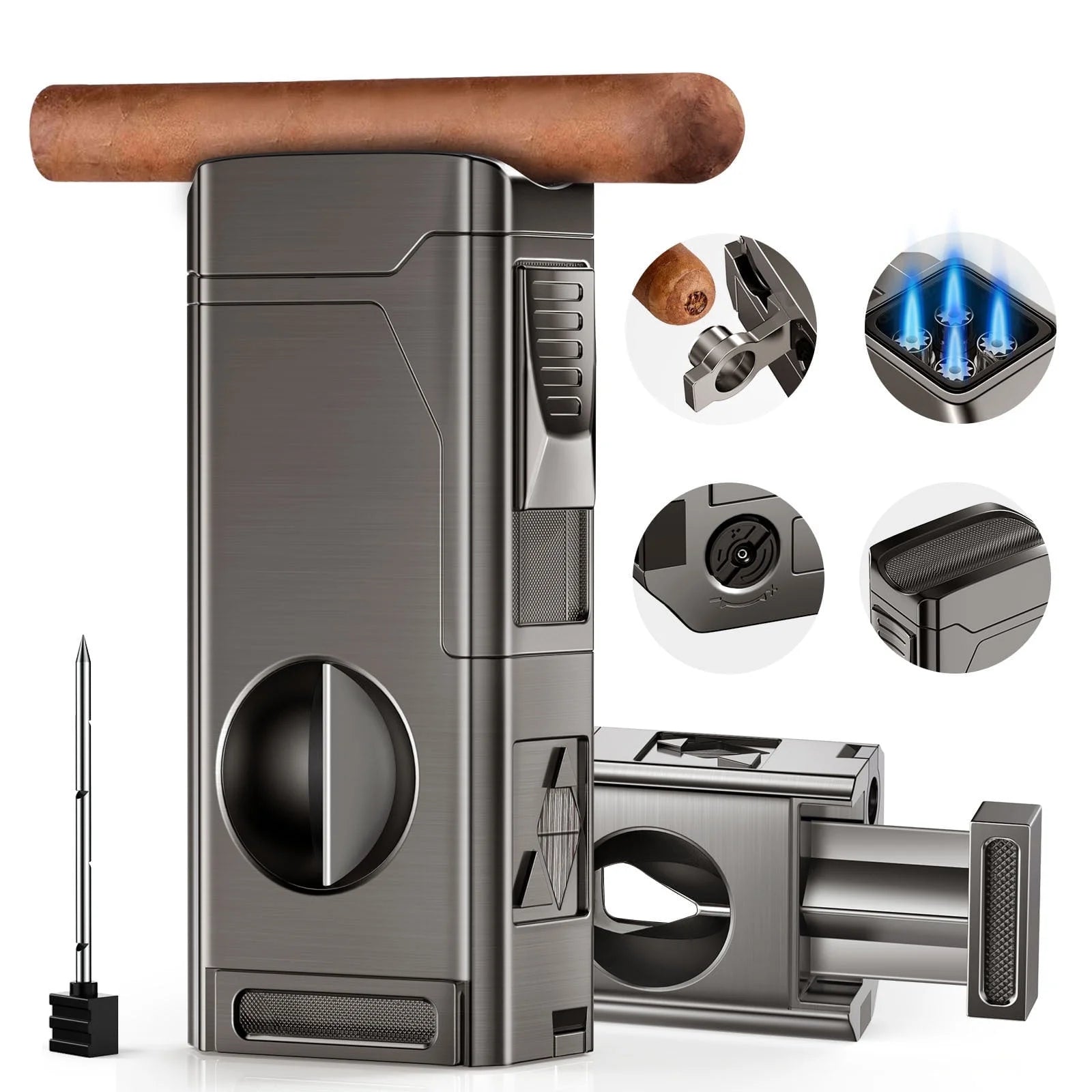 Torch Cigar Lighter, 4 Jet Flame Refillable Butane Lighter with V Cut Cigar Cutter,Cigar Punch,Cigar Holder and Cigar Draw Enhancer,5 in 1 Multifunctional Windproof Lighter(Butane Not Included)