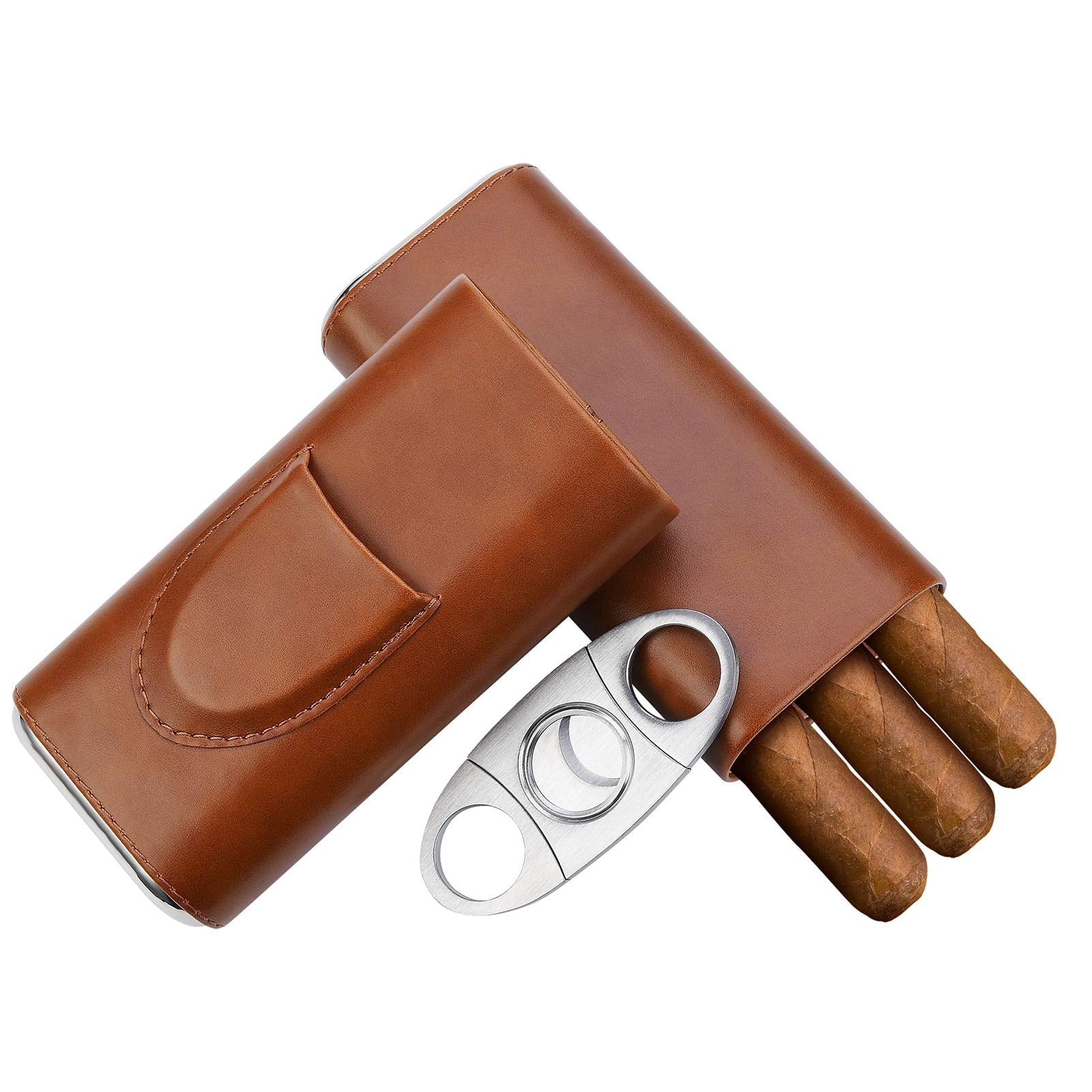 Premium Brown Leather Cigar Case, Cedar Wood Lined Cigar Humidor with Silver Stainless Steel Cutter