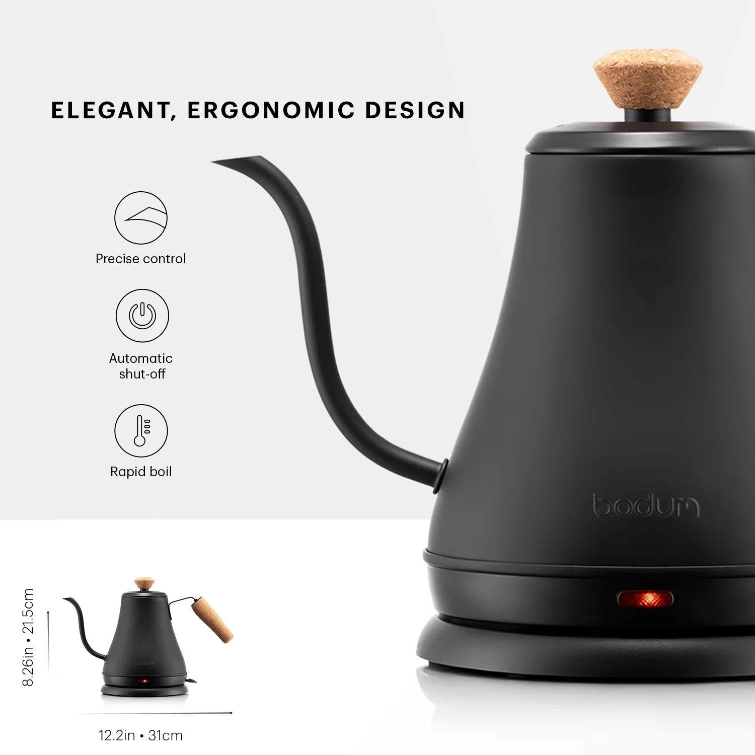 8-Cup Electric Gooseneck Kettle, Black with Automatic Shut-Off