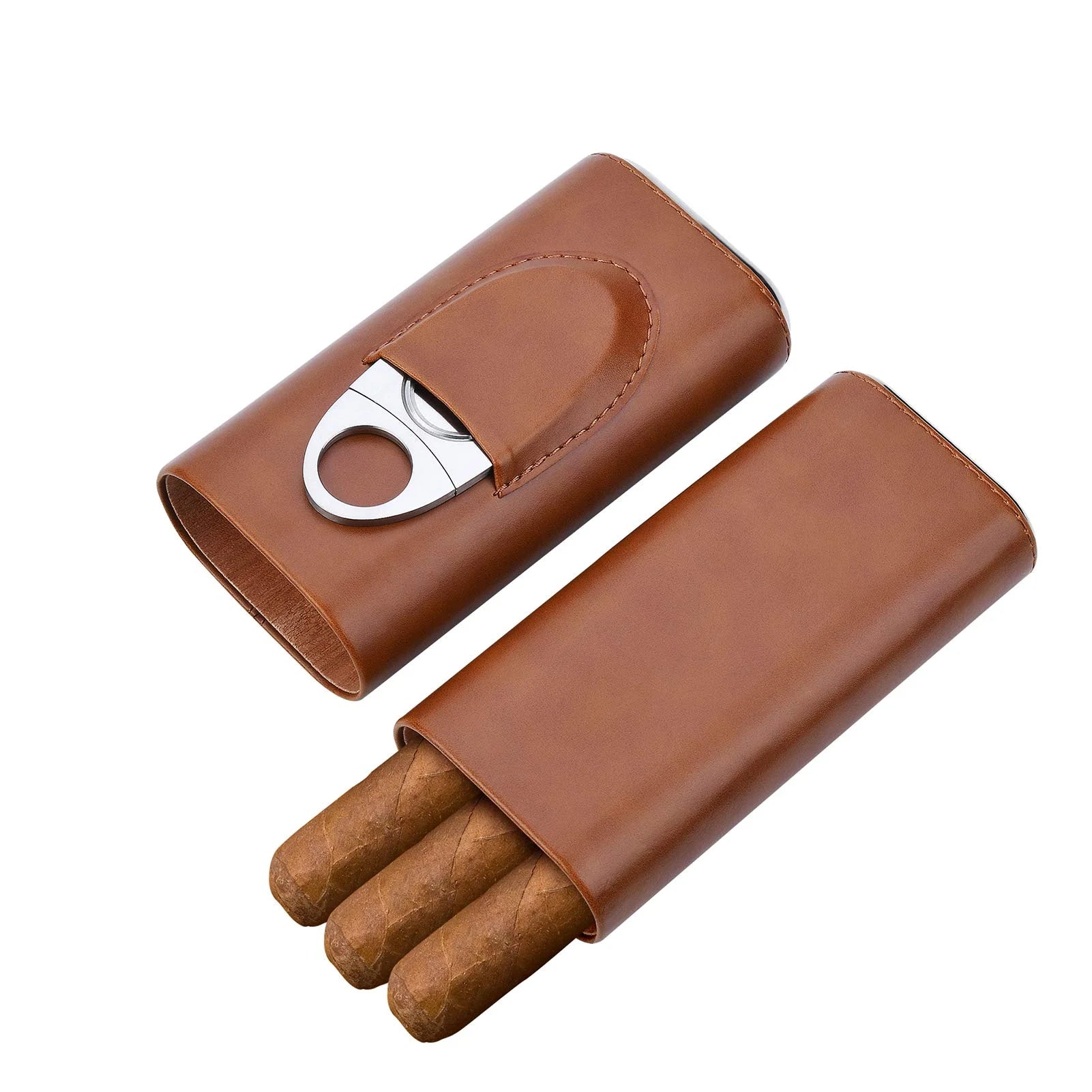Premium Brown Leather Cigar Case, Cedar Wood Lined Cigar Humidor with Silver Stainless Steel Cutter