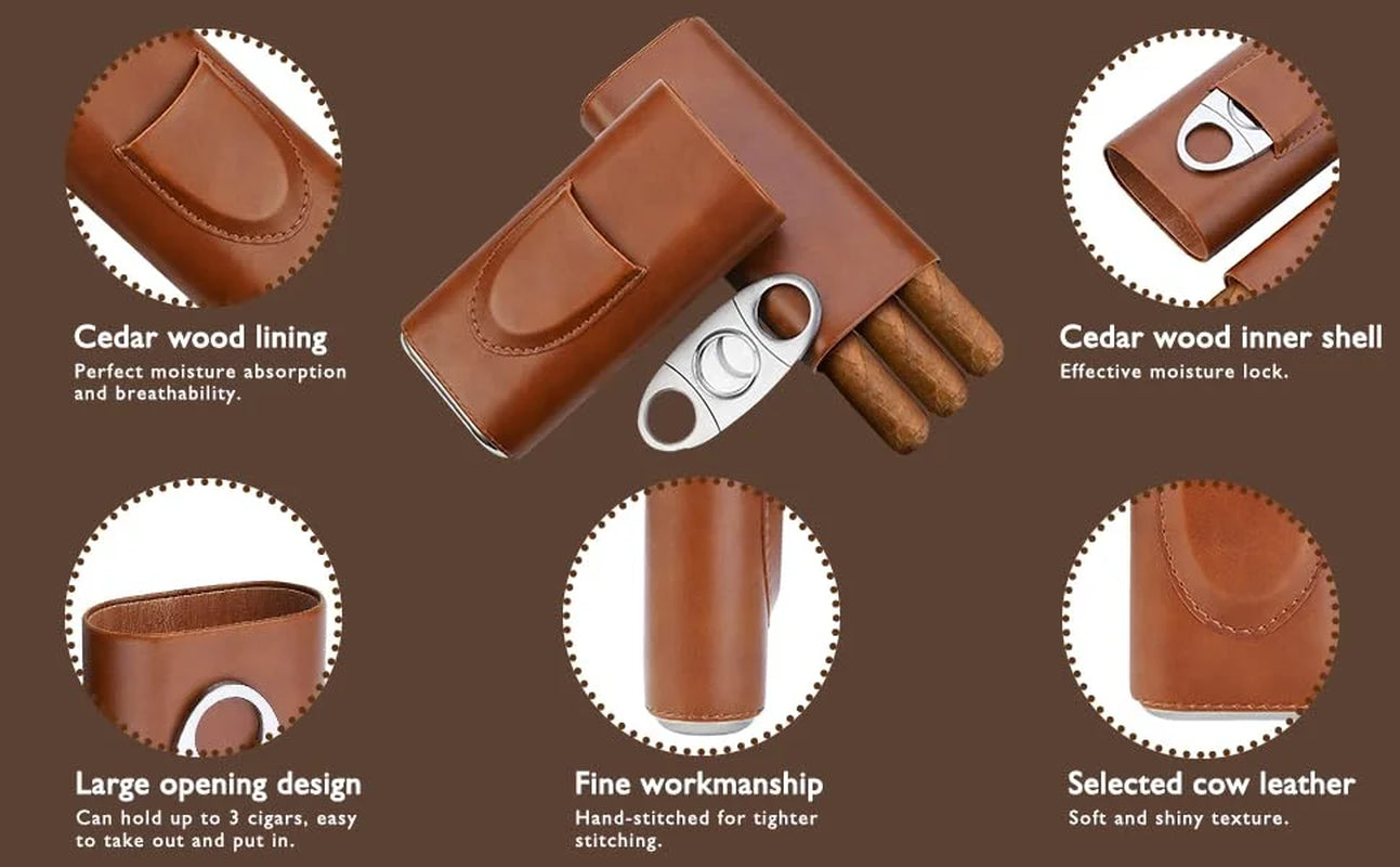 Premium Brown Leather Cigar Case, Cedar Wood Lined Cigar Humidor with Silver Stainless Steel Cutter