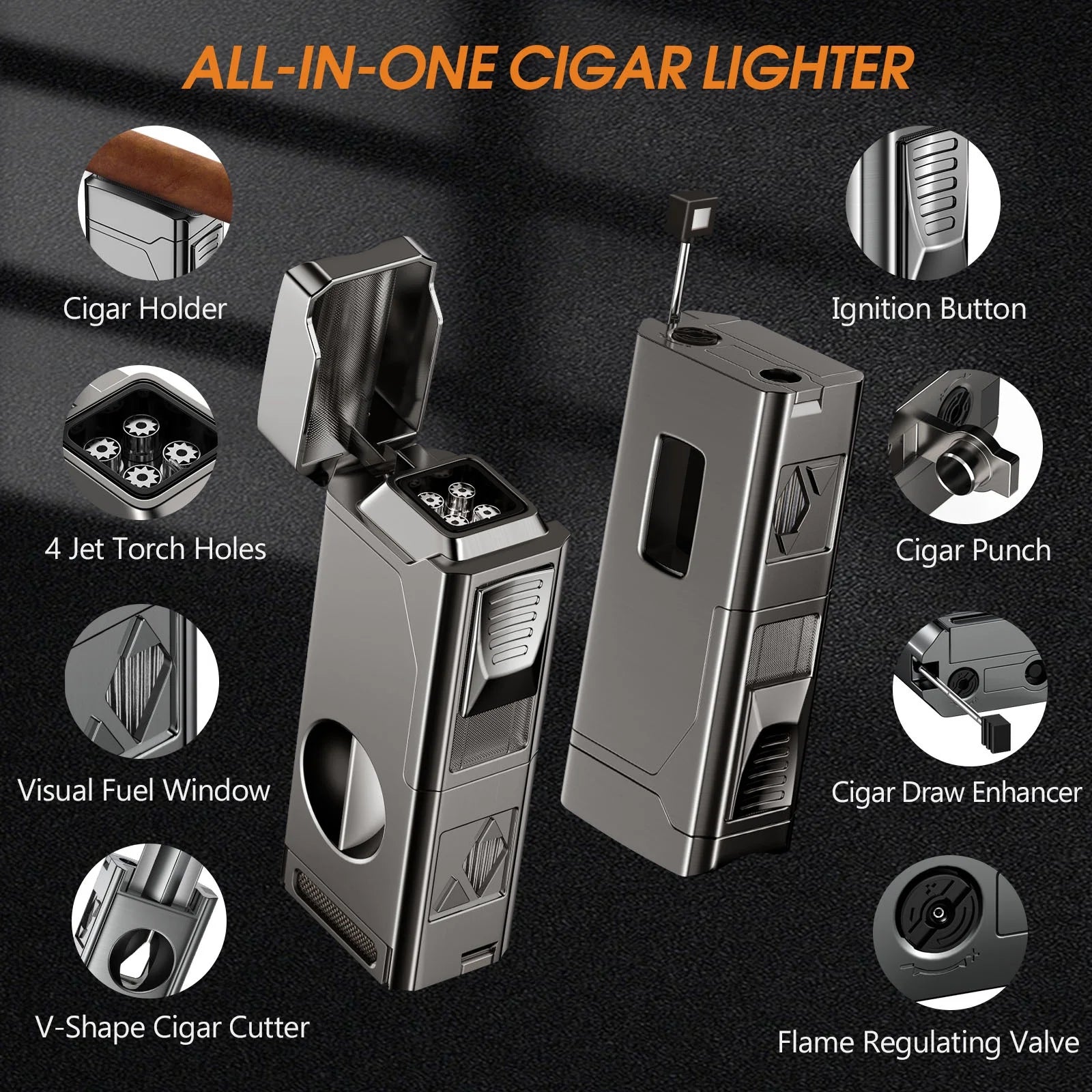 Torch Cigar Lighter, 4 Jet Flame Refillable Butane Lighter with V Cut Cigar Cutter,Cigar Punch,Cigar Holder and Cigar Draw Enhancer,5 in 1 Multifunctional Windproof Lighter(Butane Not Included)