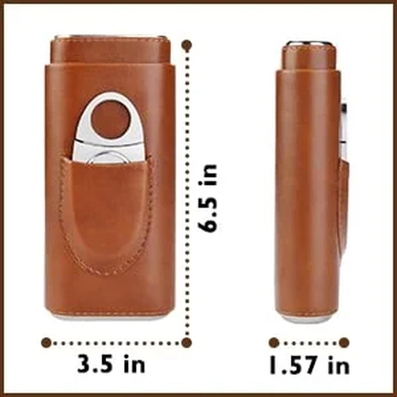 Premium Brown Leather Cigar Case, Cedar Wood Lined Cigar Humidor with Silver Stainless Steel Cutter